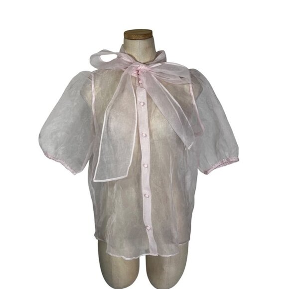 Joie blouse women's M light pink sheer short sleeve blouse button down bow tie - Picture 2 of 4